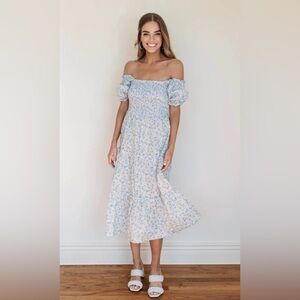 Pink Lily Lucky Timing Blue Floral Puff Sleeve Midi Dress